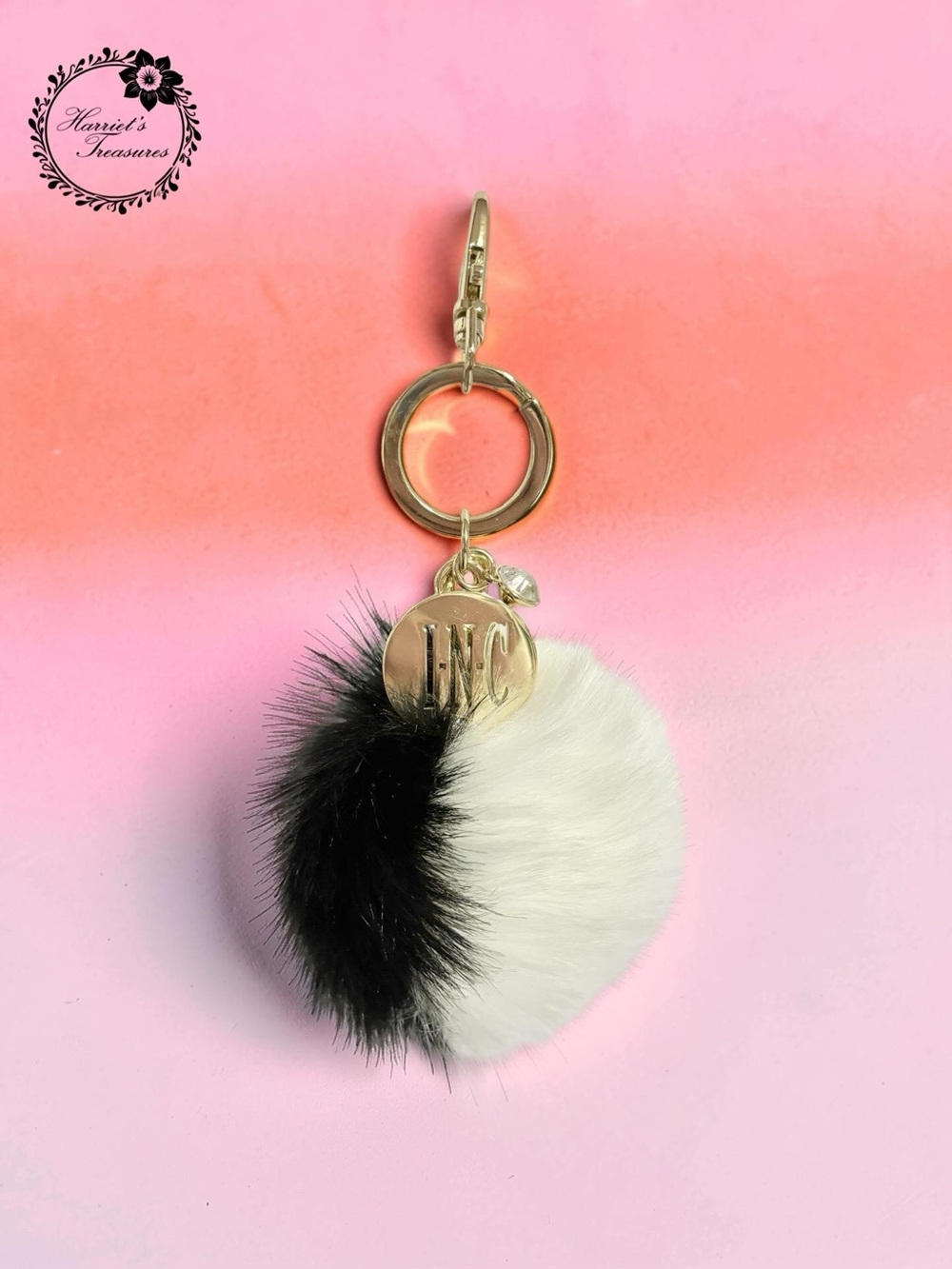 INC International Concepts Black & White Pom Pom Keychain